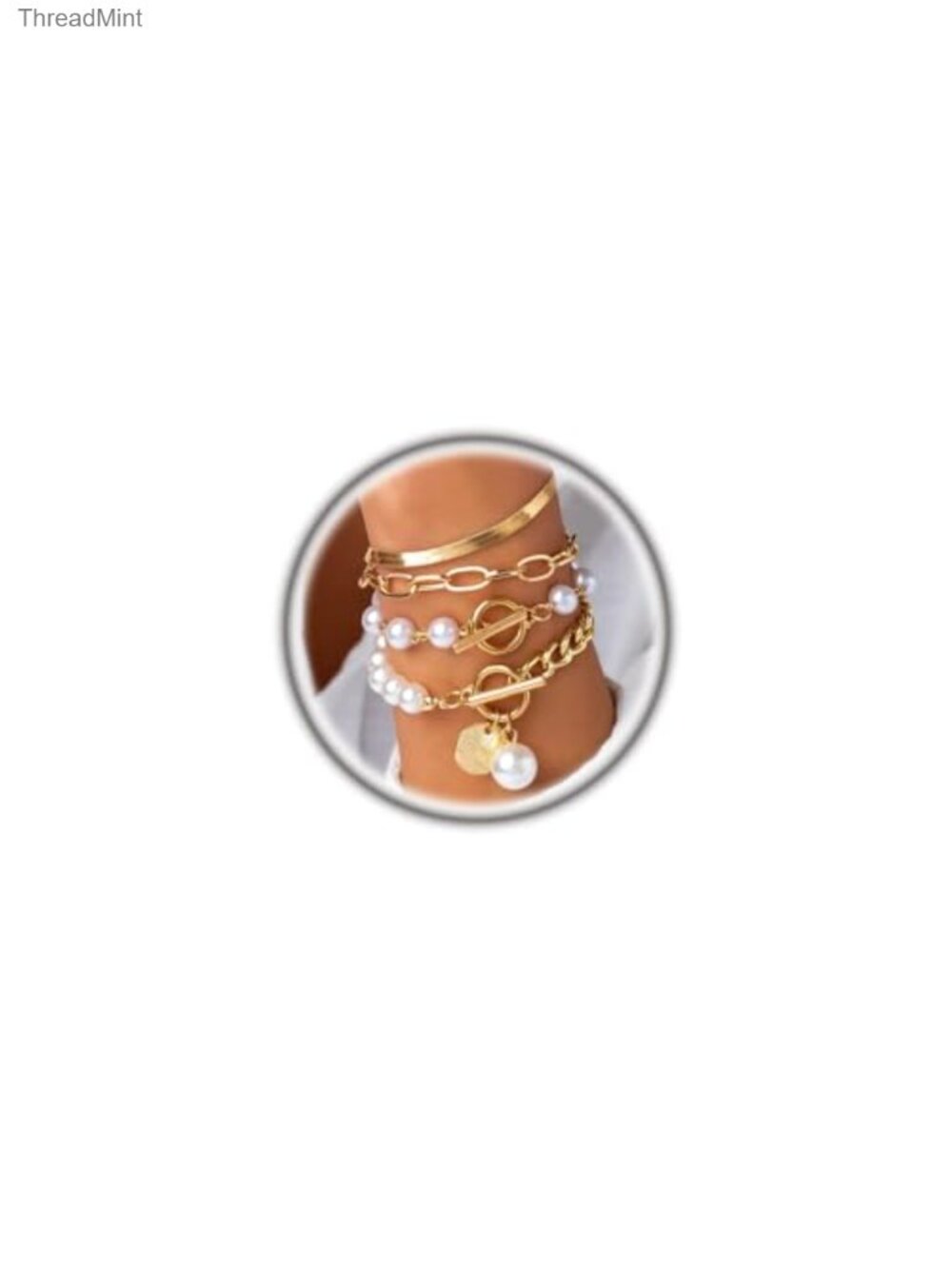 14K Gold Plated Layered Link Chain Pearl Bracelet Set